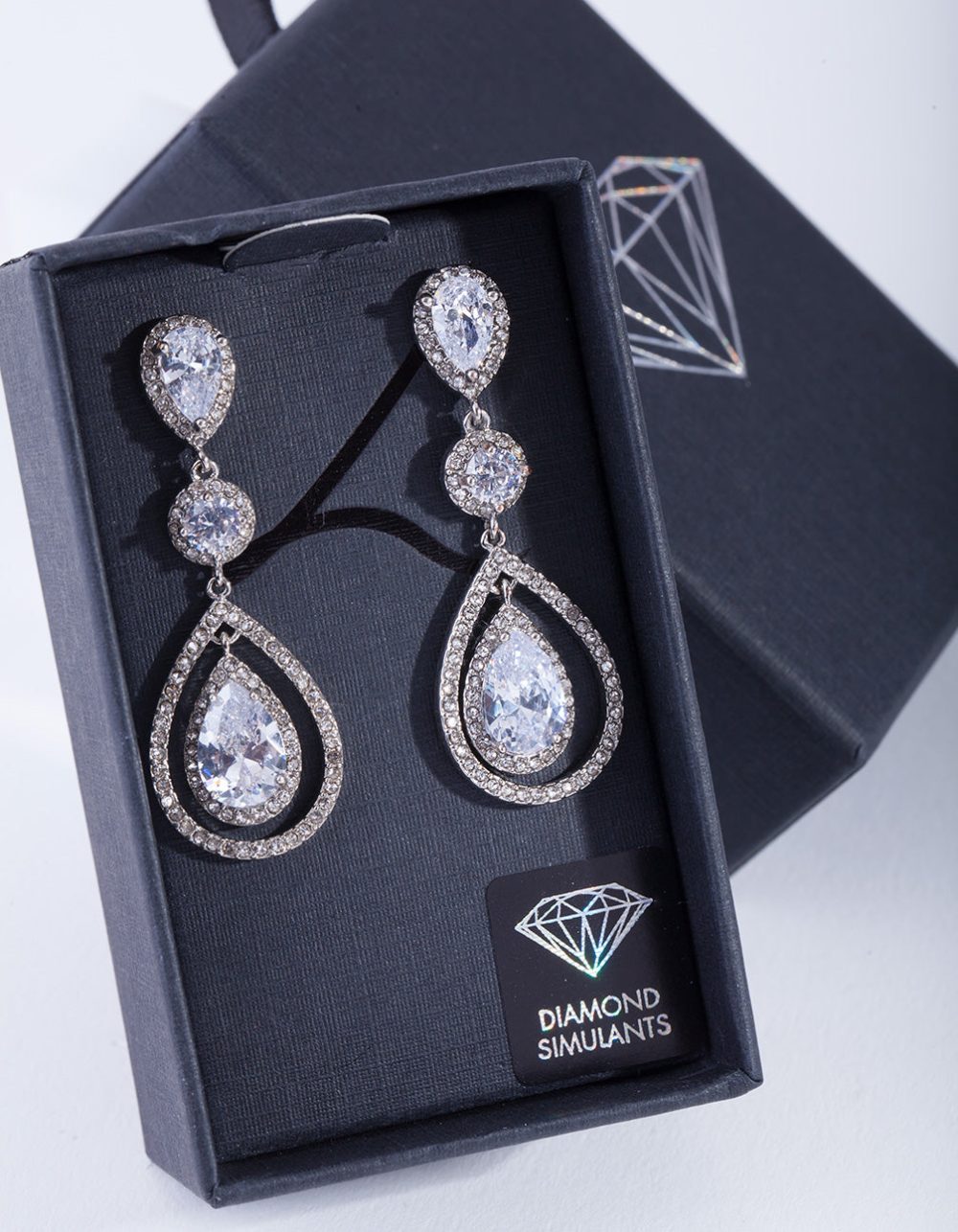 Silver Diamond Simulant Graduated Crystal Teardrop Earrings - Image 2