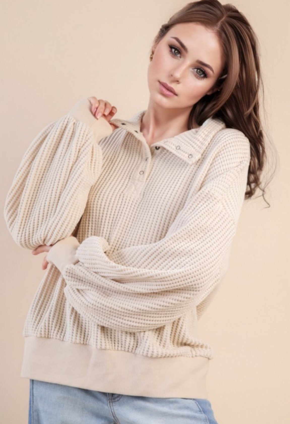 Mock Neck Waffle Top