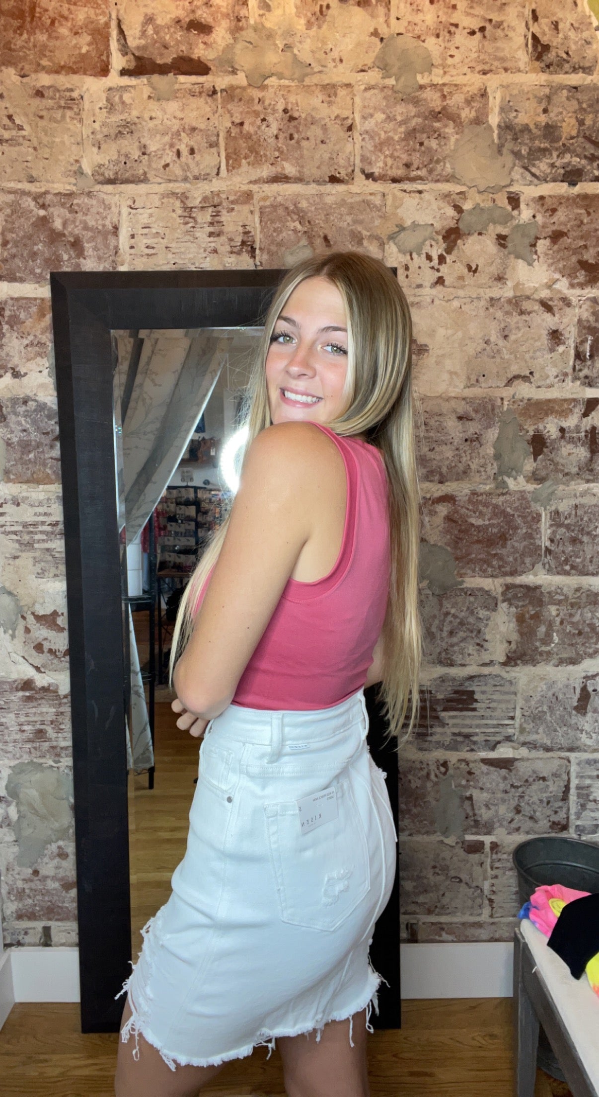 White Distressed Hi-Rise Pencil Mini-Skirt